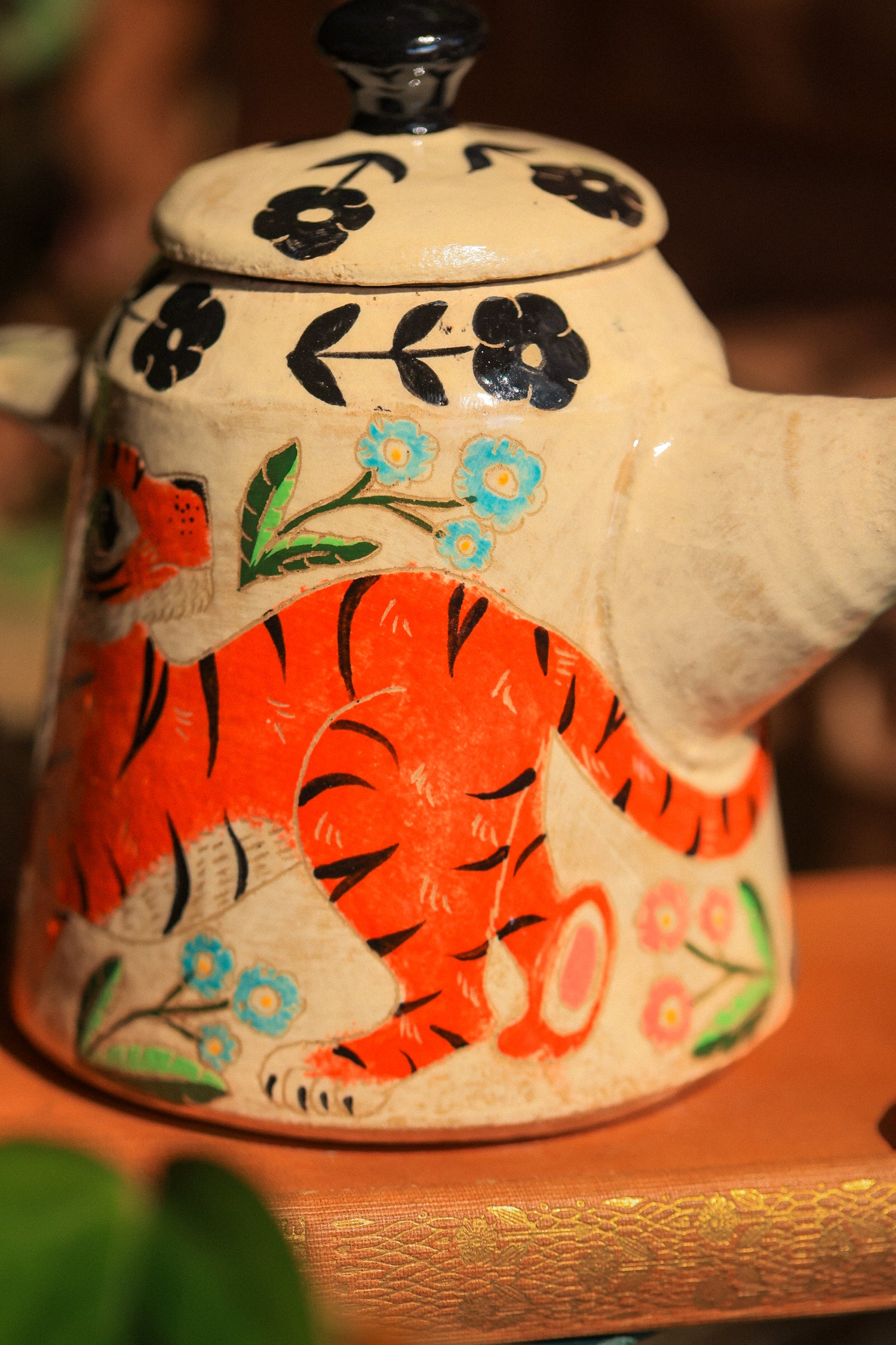 Painted Royal Saffron &amp; Turquoise Tiger Temple Guardians Teapot in Stoneware