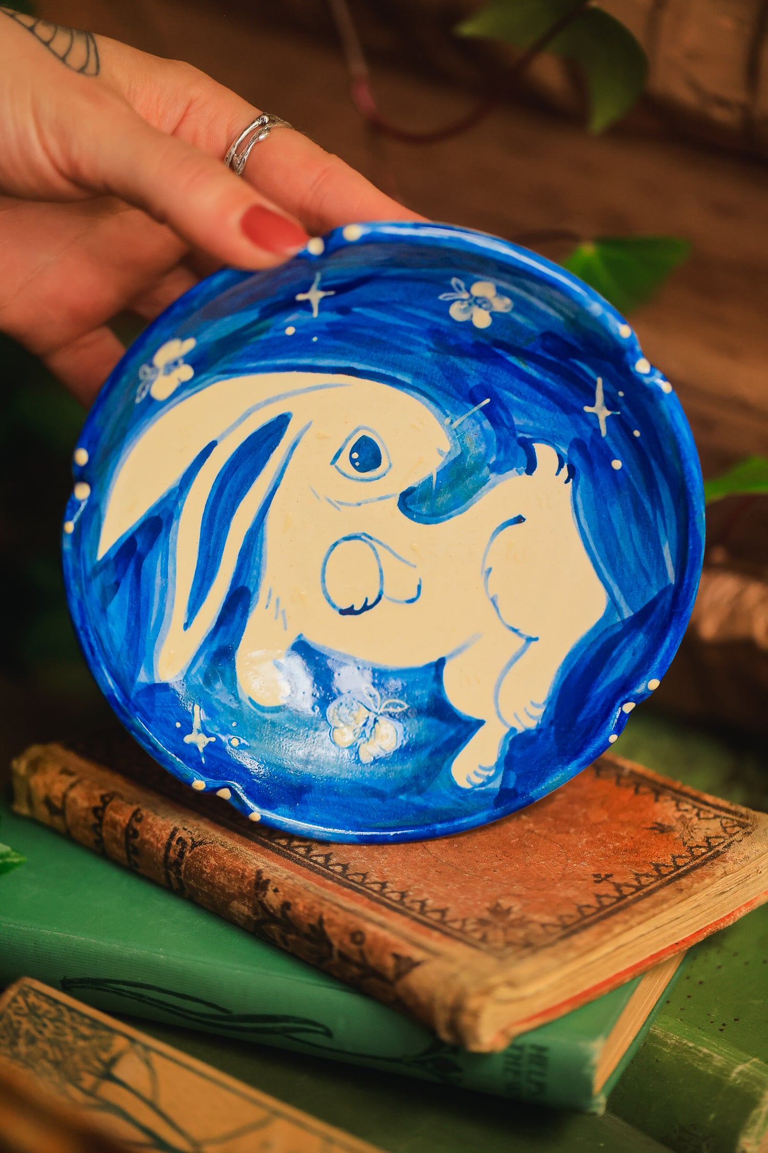 Porcelain Meadow Bunny Dish in Washed Cobalt