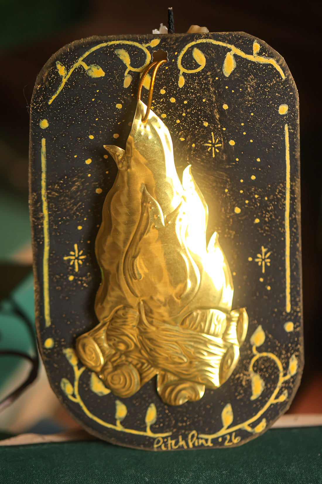 Golden Campfire Charm in Antique Brass