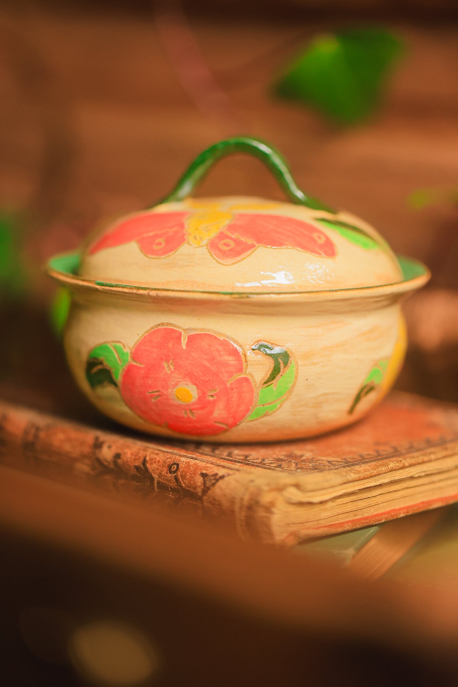 Painted Garden Moths Lidded Jar in Stoneware