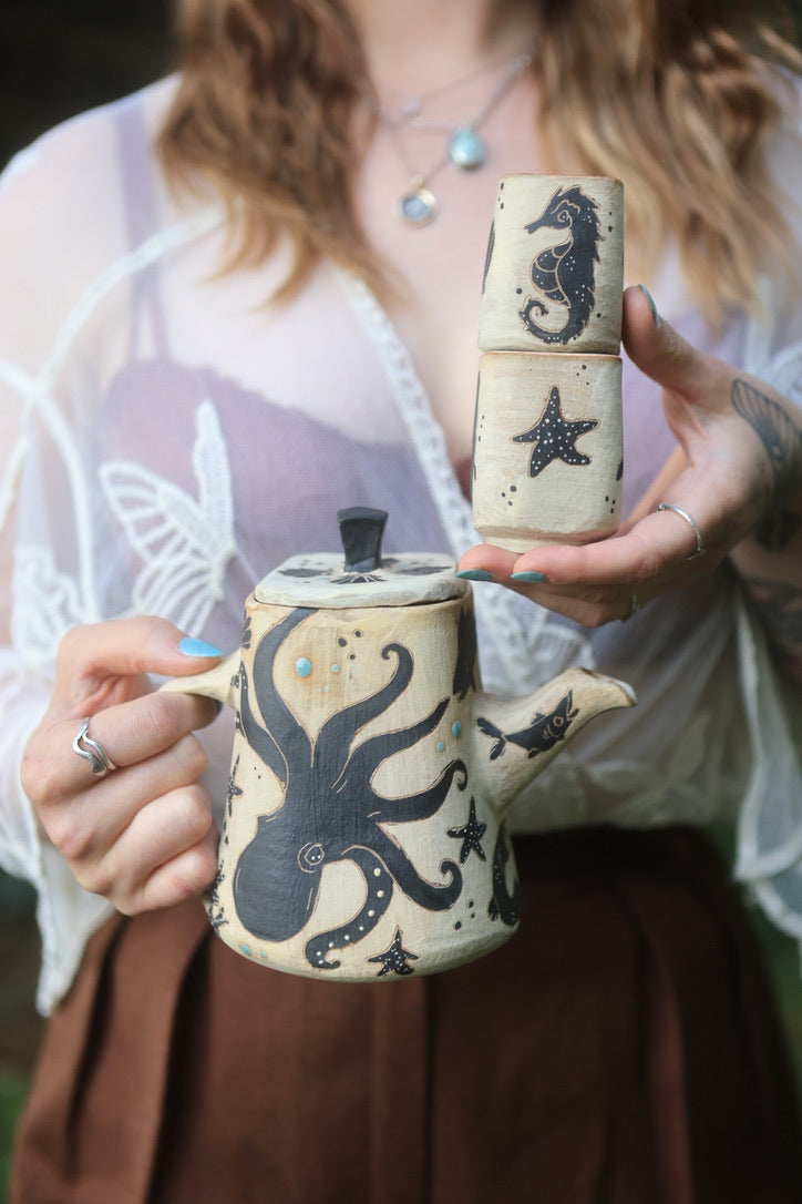 Sea Creatures of Aquaria Teapot Set in Painted Ink Stoneware
