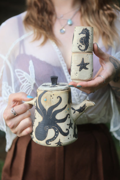 Sea Creatures of Aquaria Teapot Set in Painted Ink Stoneware