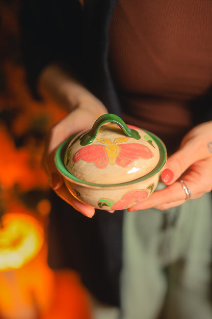 Painted Garden Moths Lidded Jar in Stoneware
