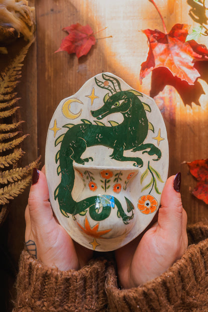 Autumn Emerald Dragon Wall Pocket in Painted Stoneware