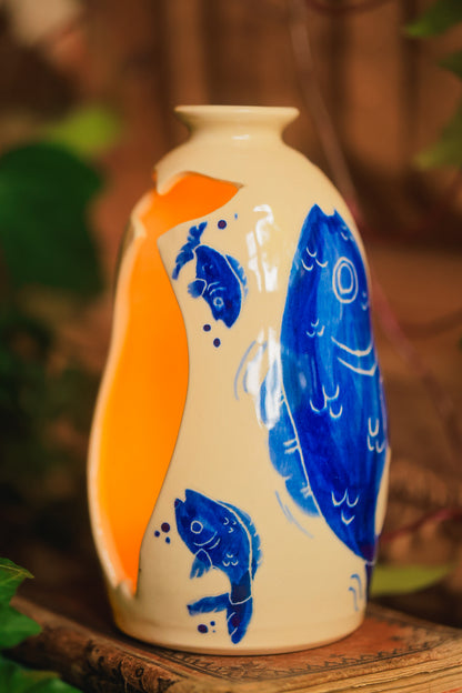Painted Summer Fishies Candelaria Vase in Washed Cobalt Porcelain