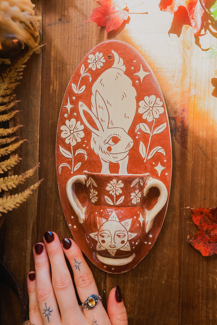 Autumn Hedge Rabbit of Morwain Wall Pocket in Terracotta