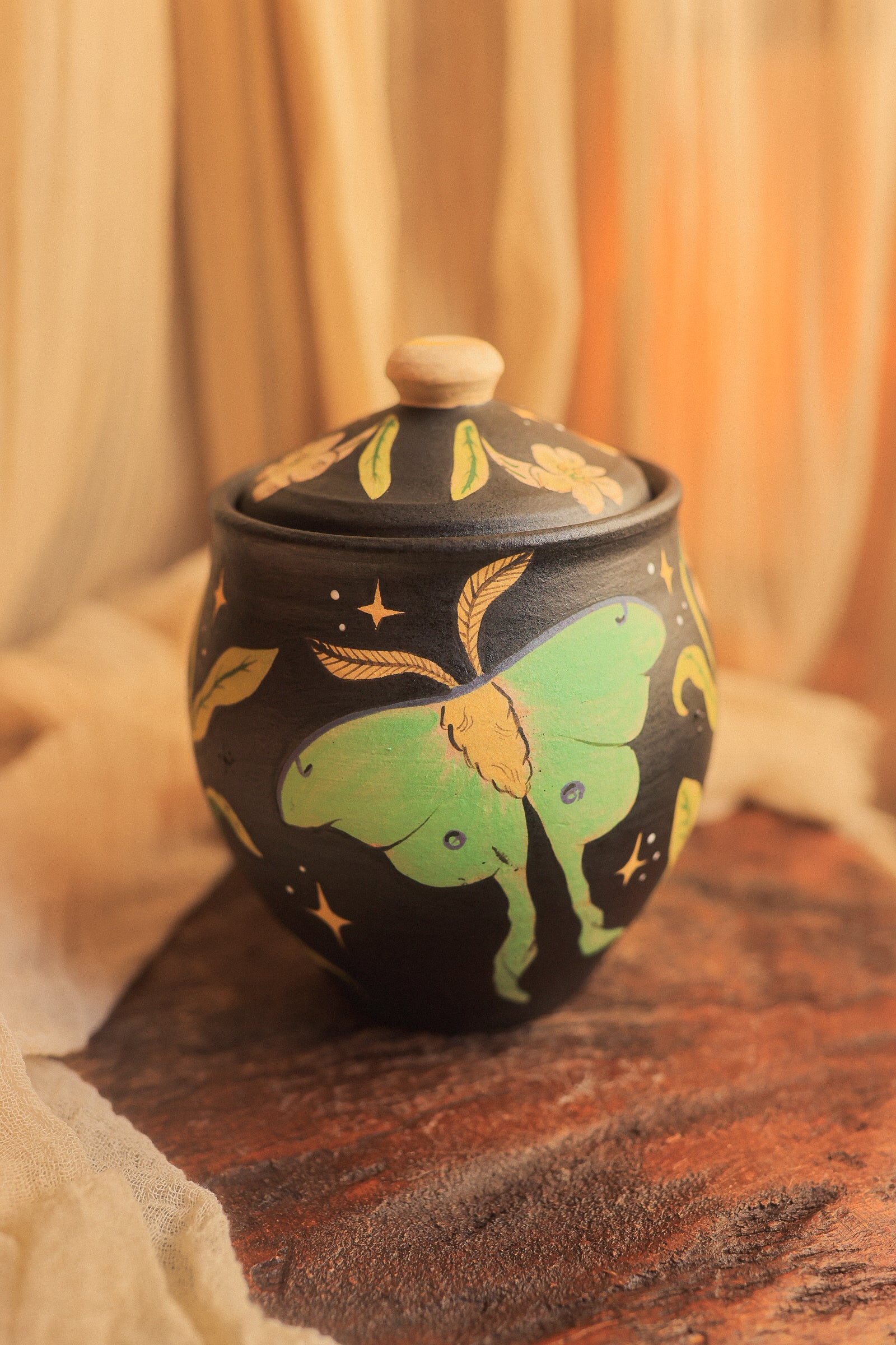 Painted Luna Moths Lidded Jar in Midnight