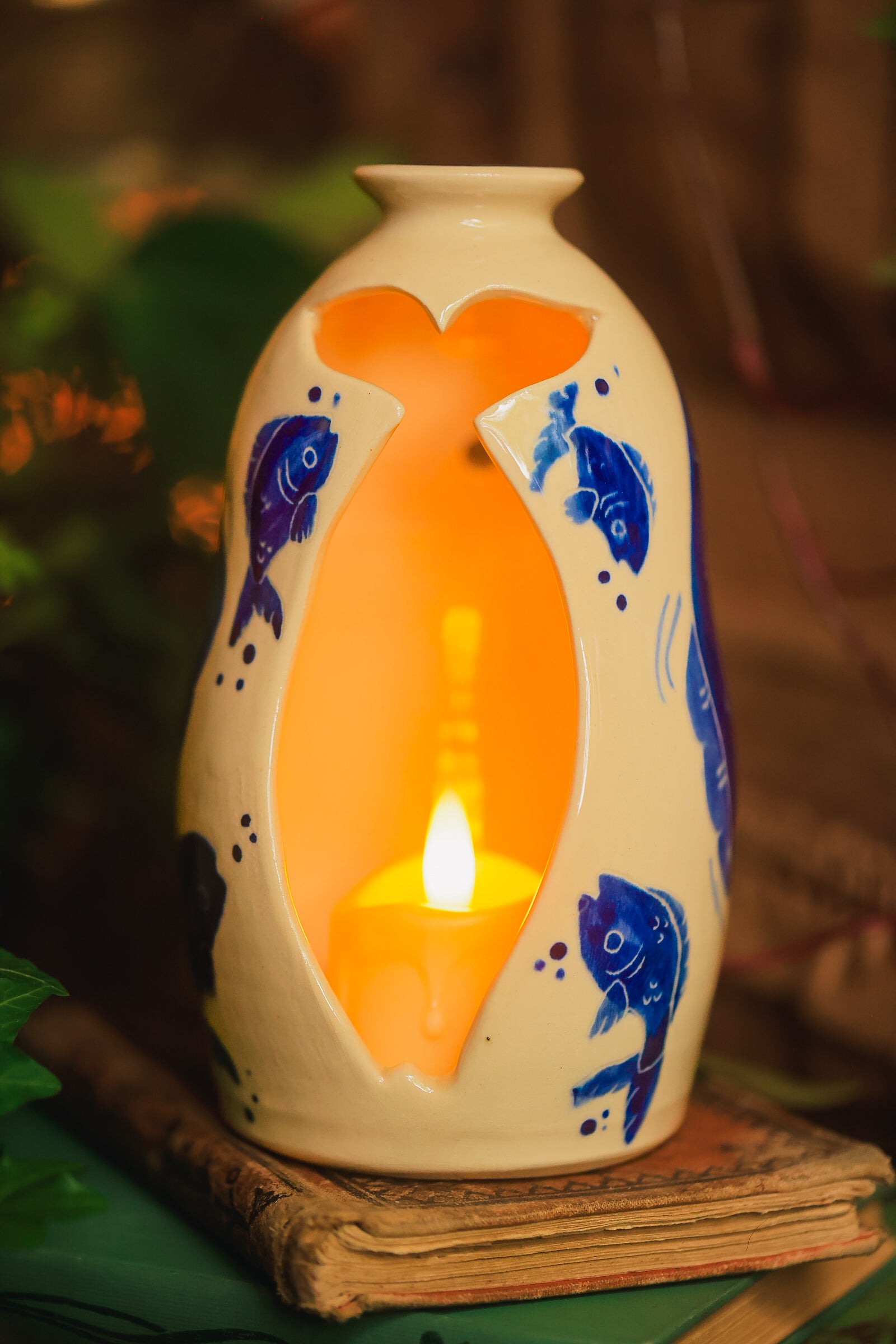 Painted Summer Fishies Candelaria Vase in Washed Cobalt Porcelain
