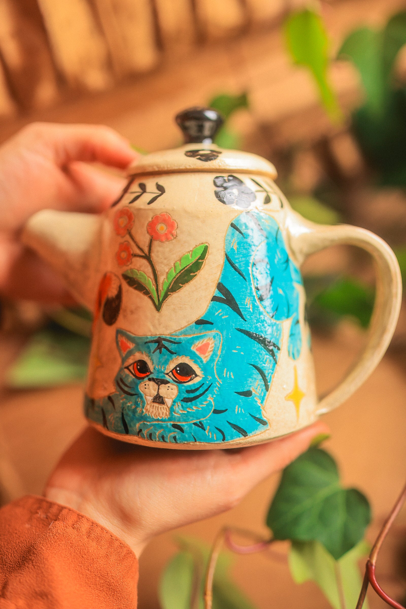 Painted Royal Saffron &amp; Turquoise Tiger Temple Guardians Teapot in Stoneware