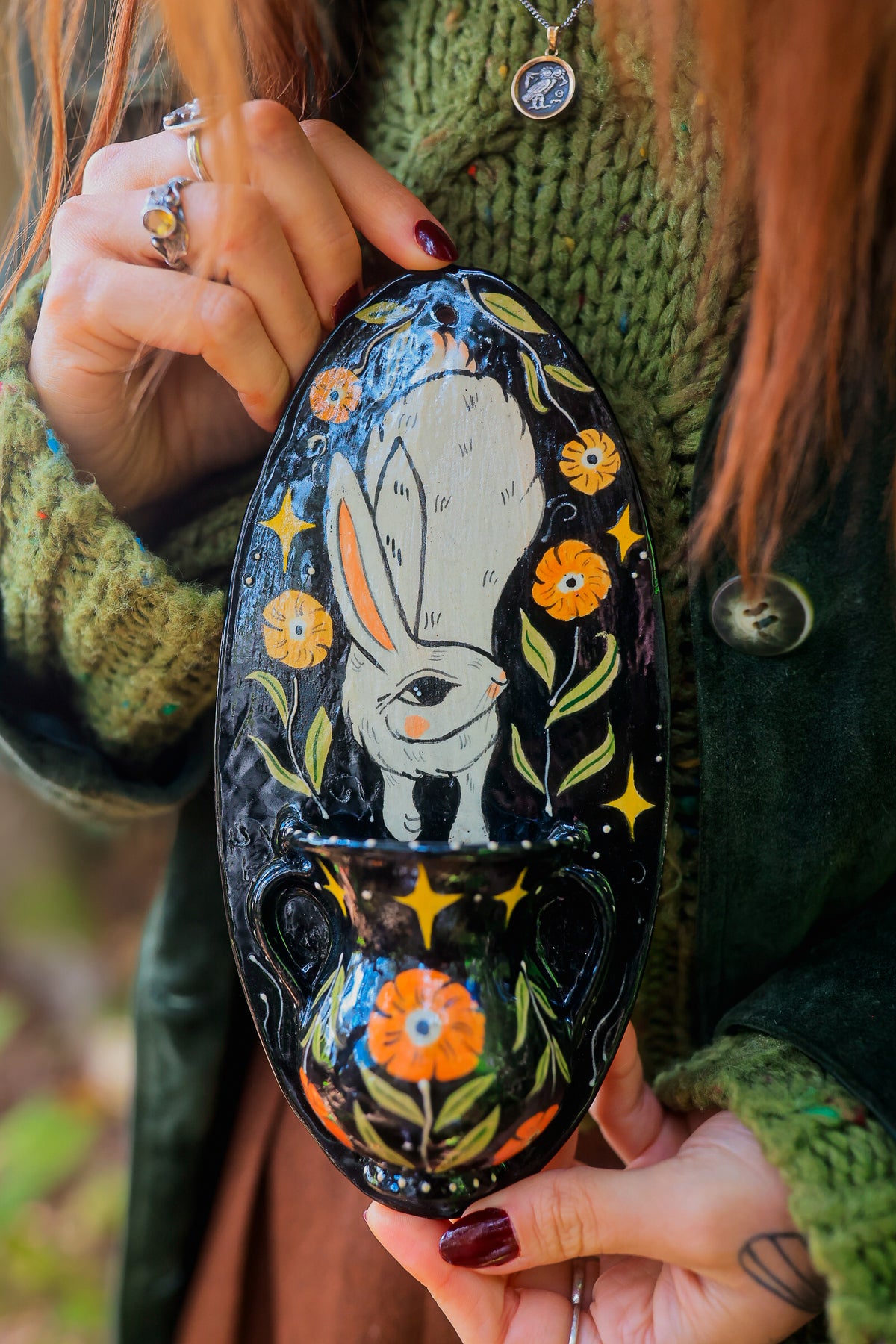 Glazed Midnight White Rabbit of Morwain Wall Pocket