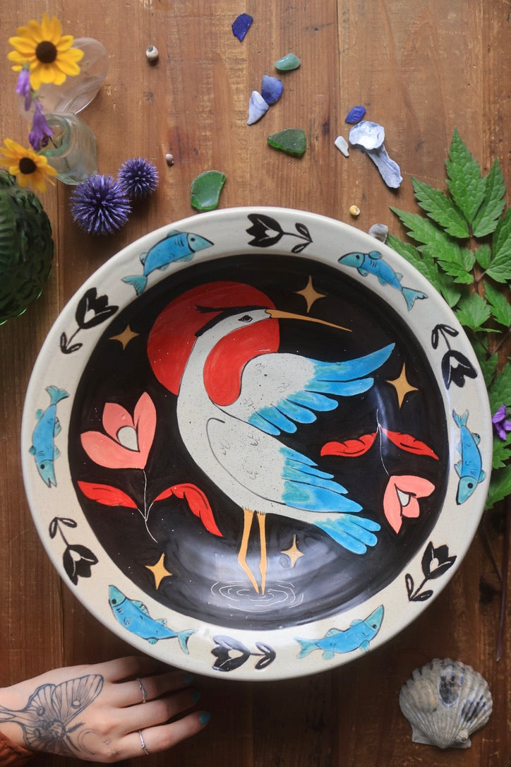 Painted Giant Coastal Blue Heron Bowl in Porcelain