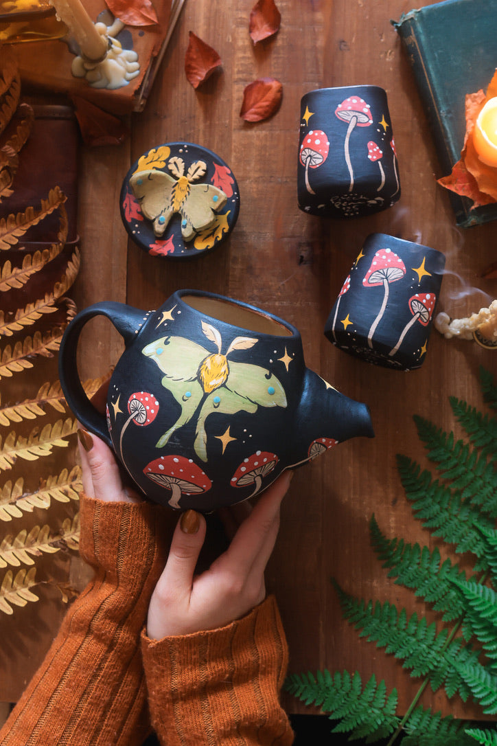 Midnight Autumn Luna Moths &amp; Mushrooms Teapot Set