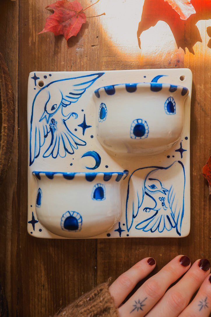 Birds of the Citadel Double Wall Pockets in Painted Blue-On-White Porcelain