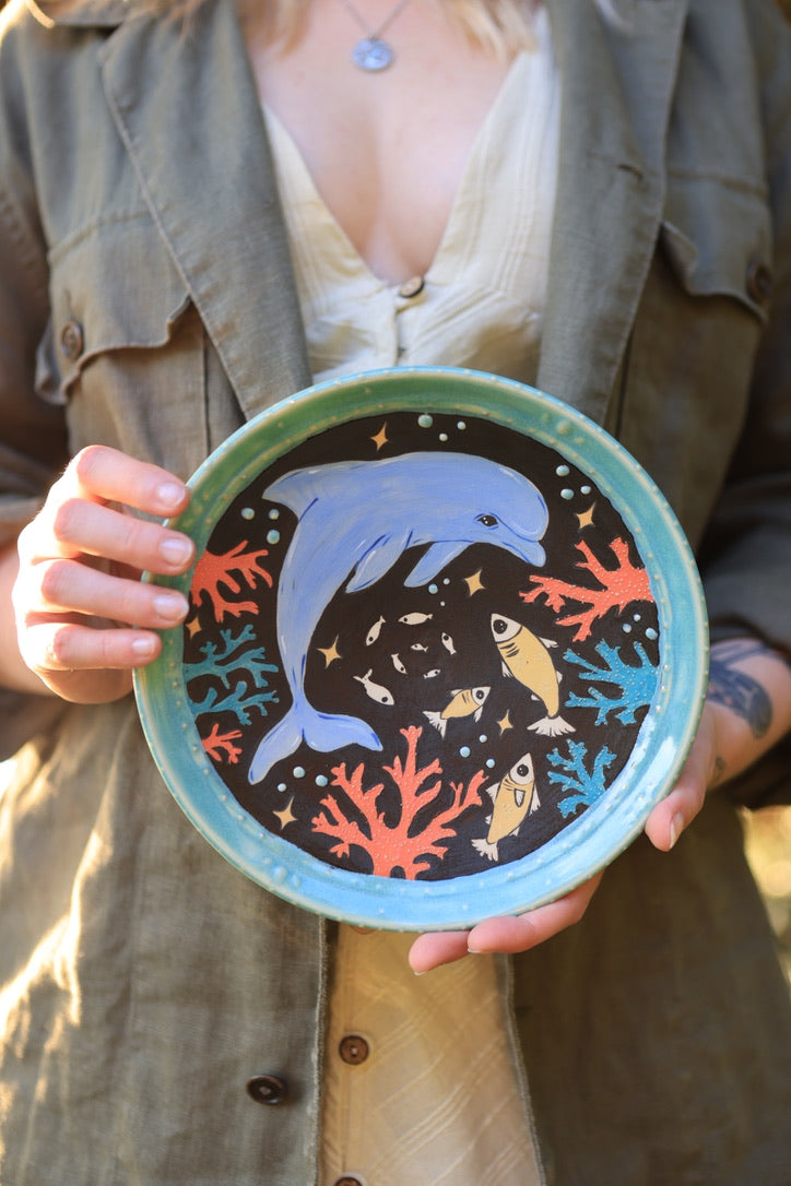 Midnight Turquoise &amp; Coral Sea Dolphin Dish in Porcelain