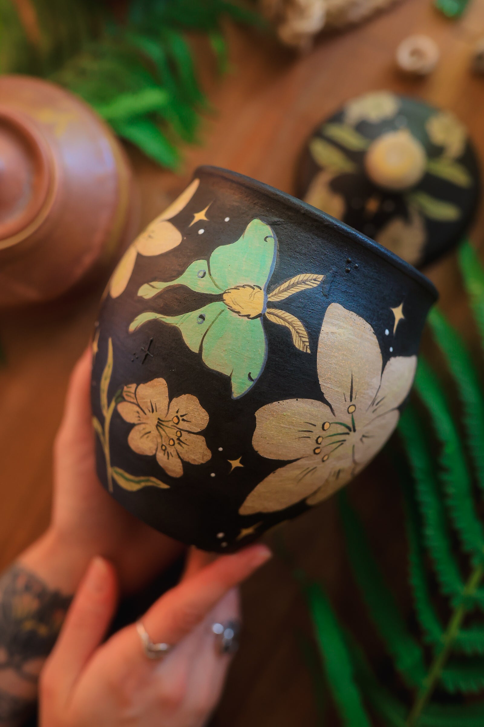 Painted Luna Moths Lidded Jar in Midnight
