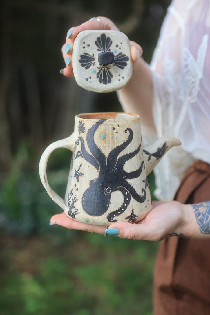 Sea Creatures of Aquaria Teapot Set in Painted Ink Stoneware