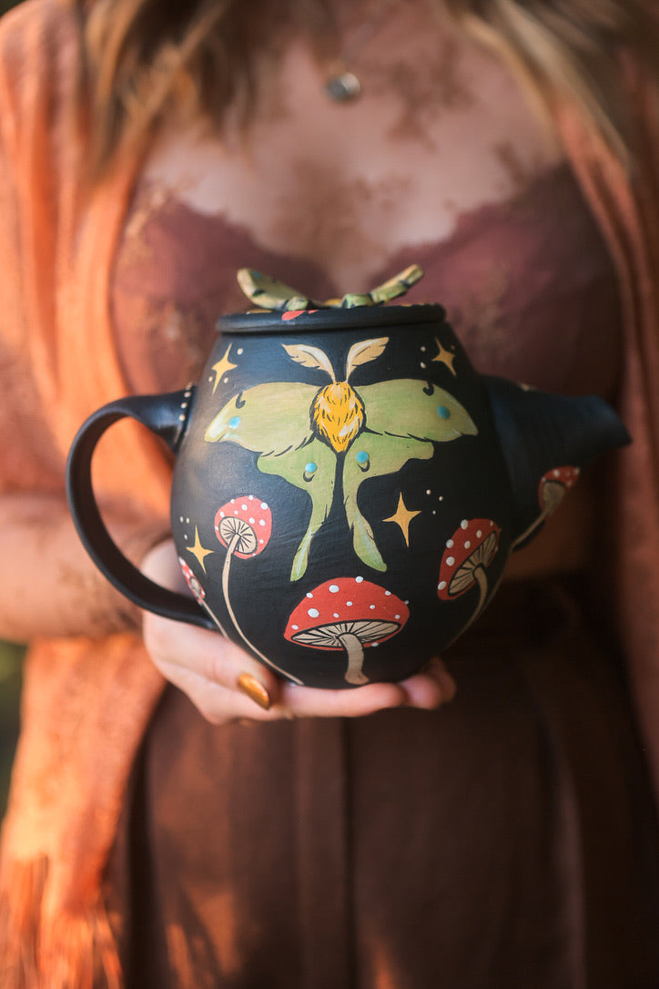 Midnight Autumn Luna Moths &amp; Mushrooms Teapot Set