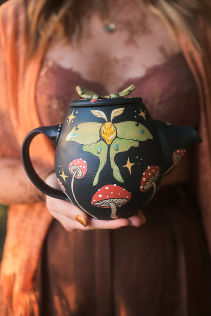 Midnight Autumn Luna Moths &amp; Mushrooms Teapot Set