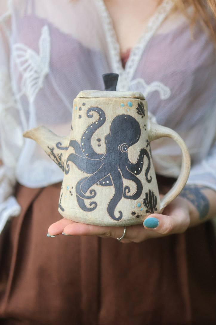 Sea Creatures of Aquaria Teapot Set in Painted Ink Stoneware
