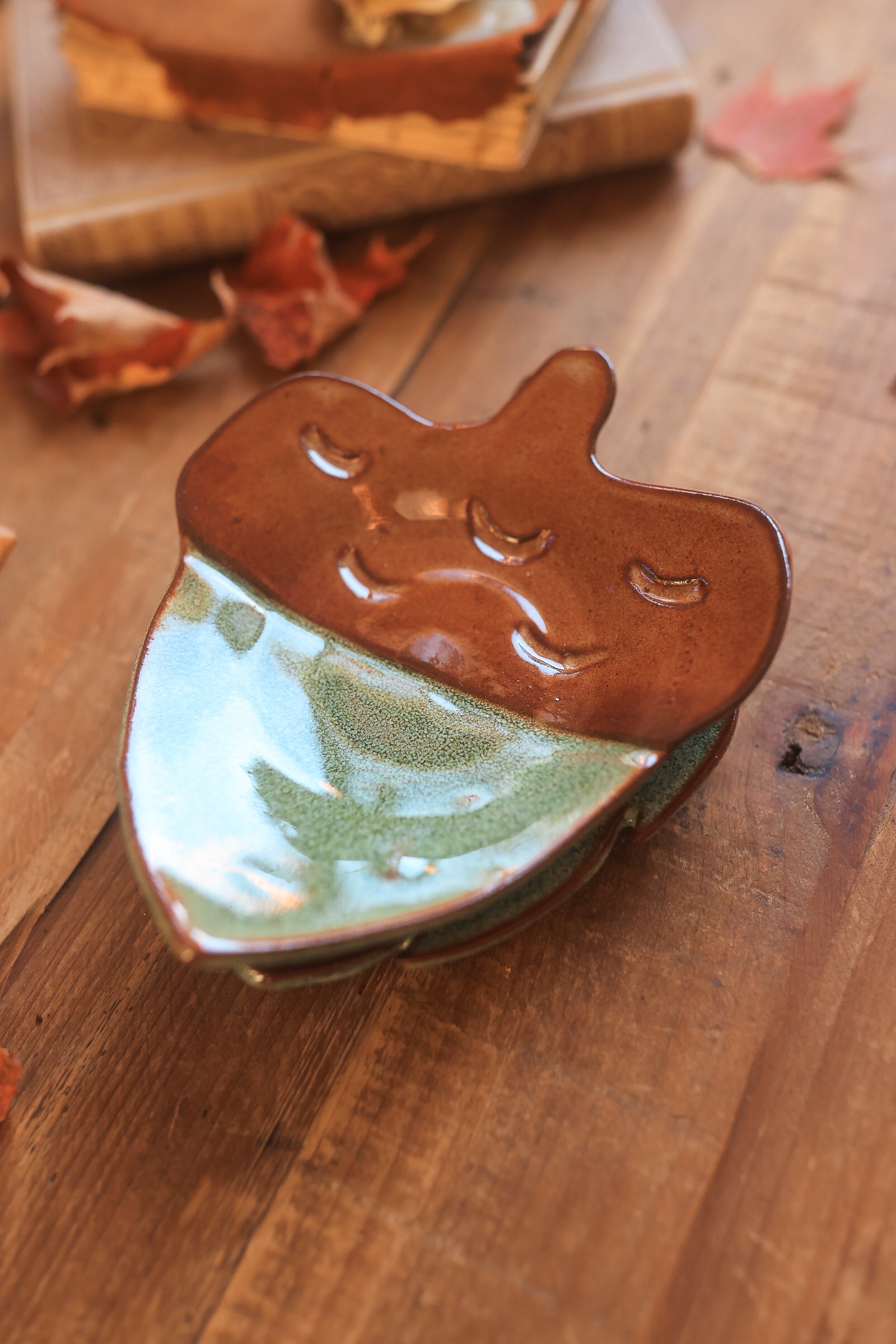Pair of Autumn Forest Acorn &amp; Leaf Dishes in Red Stoneware