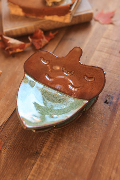 Pair of Autumn Forest Acorn &amp; Leaf Dishes in Red Stoneware