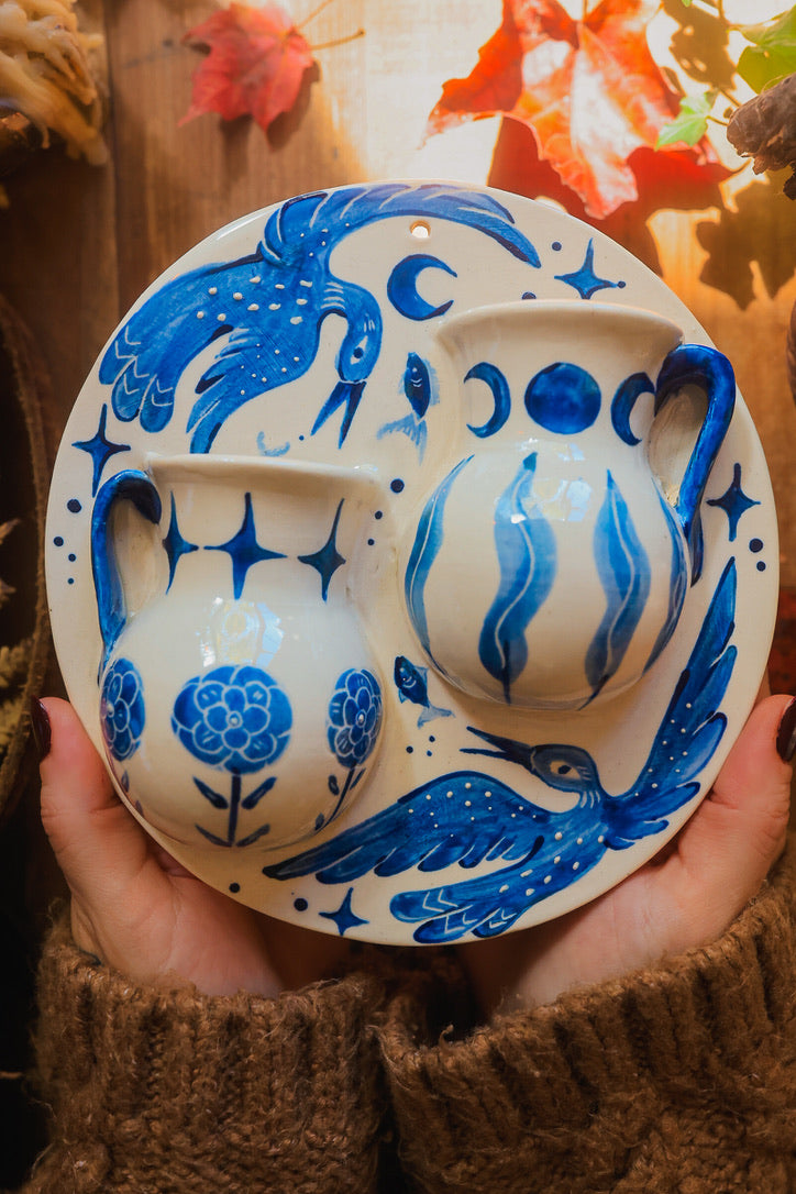 Swimming Lake Loons Double Wall Pocket in Painted Blue-On-White Porcelain