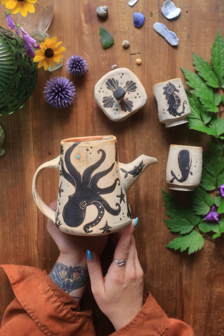 Sea Creatures of Aquaria Teapot Set in Painted Ink Stoneware