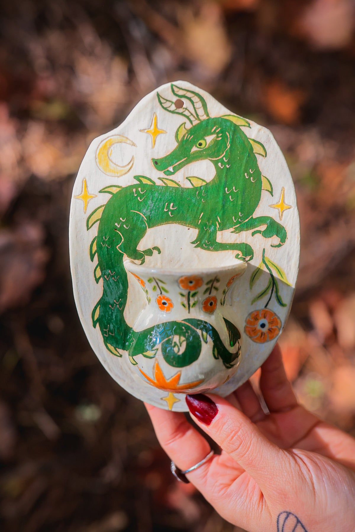 Autumn Emerald Dragon Wall Pocket in Painted Stoneware