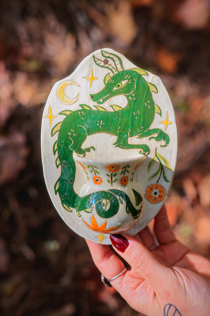 Autumn Emerald Dragon Wall Pocket in Painted Stoneware