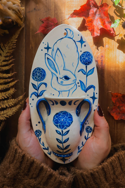 Autumn Rabbit Joy Wall Pocket in Painted Blue-On-White Porcelain