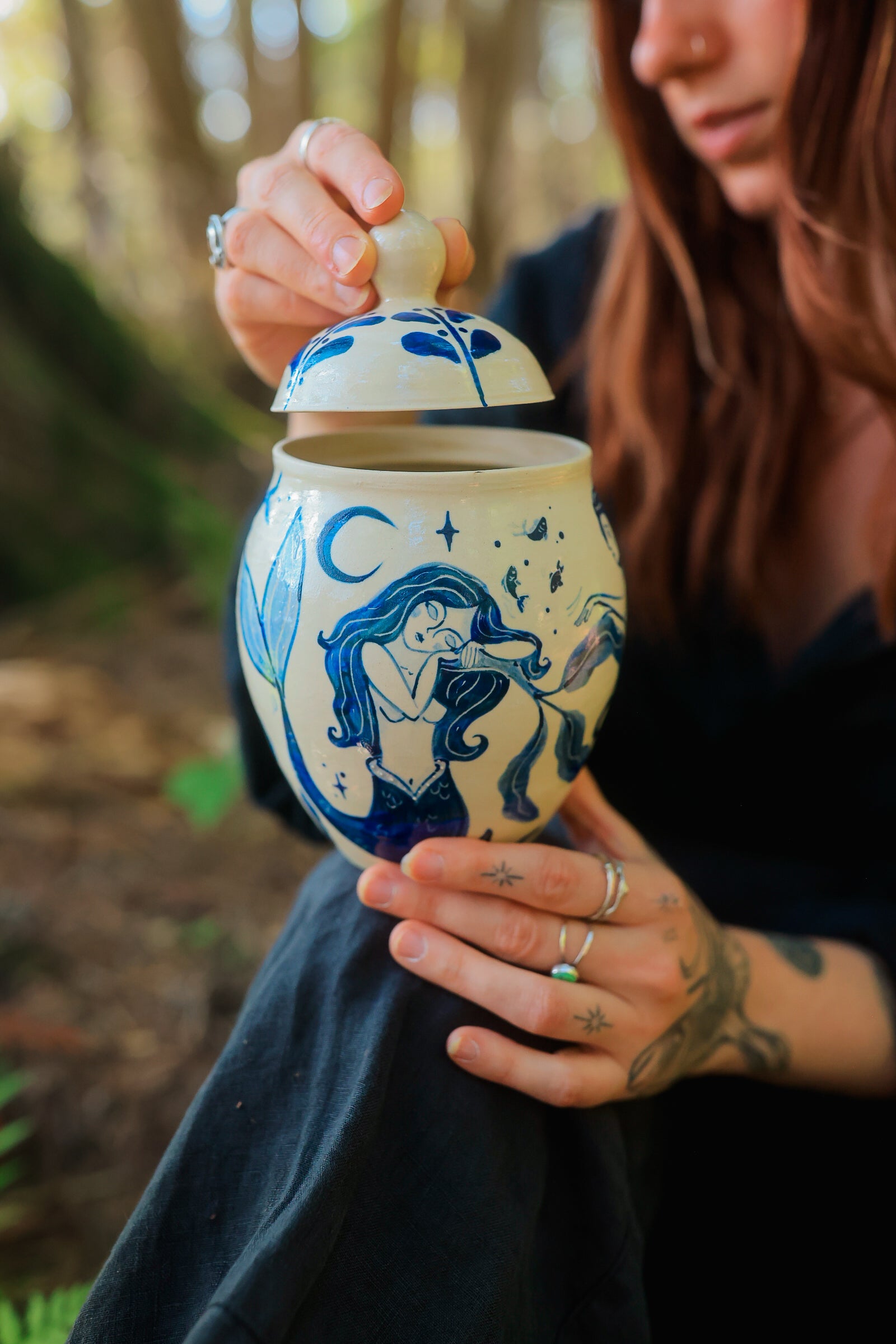 Painted Porcelain Maidens of the Sea Jar in Cobalt Blue