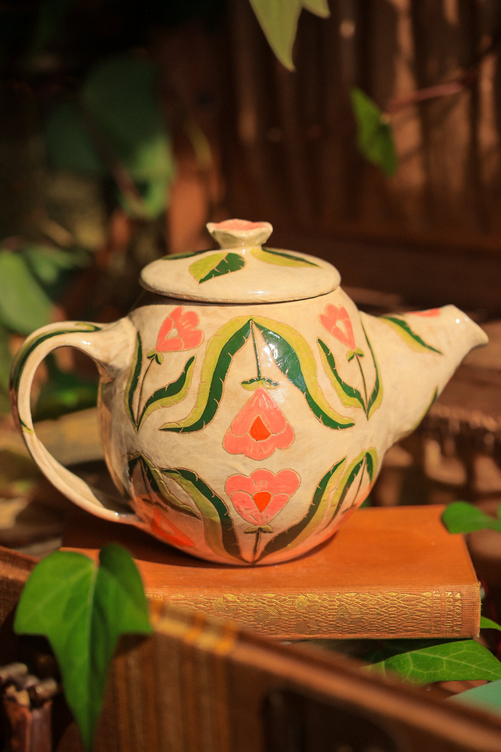 Painted Botanical Temple of Flowers Teapot in Stoneware