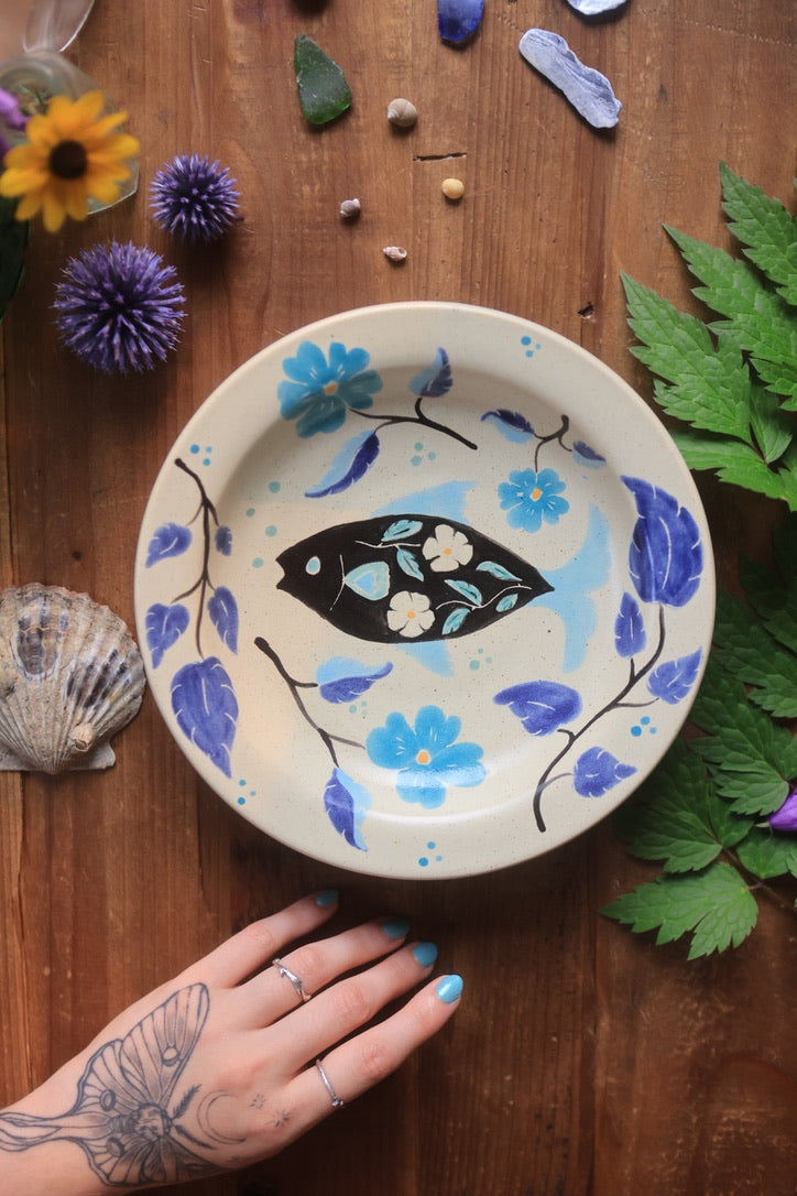 Painted Indigo Blue Botanical Fish Dish in Porcelain