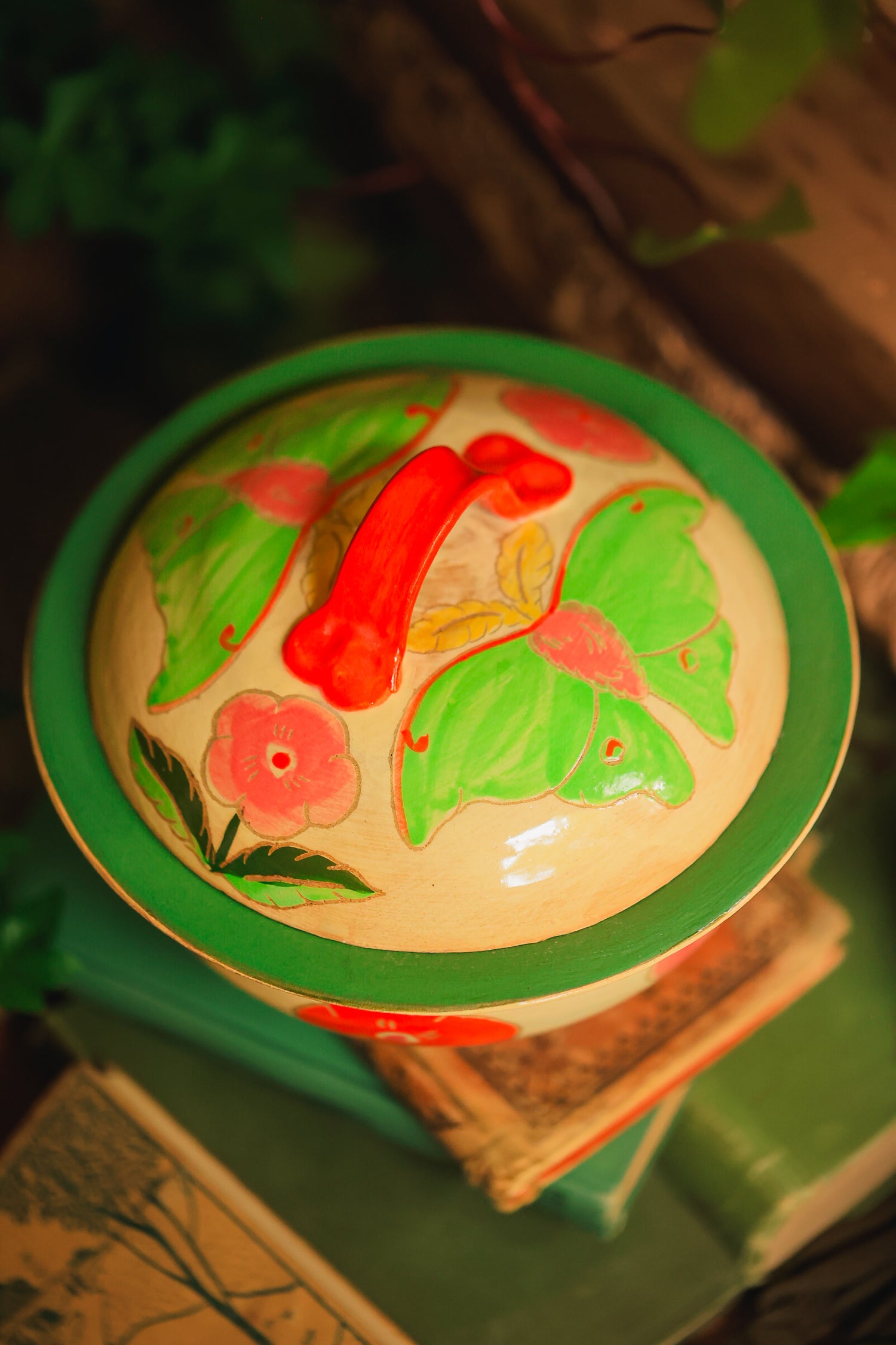 Painted Green Garden Moths Lidded Jar in Stoneware