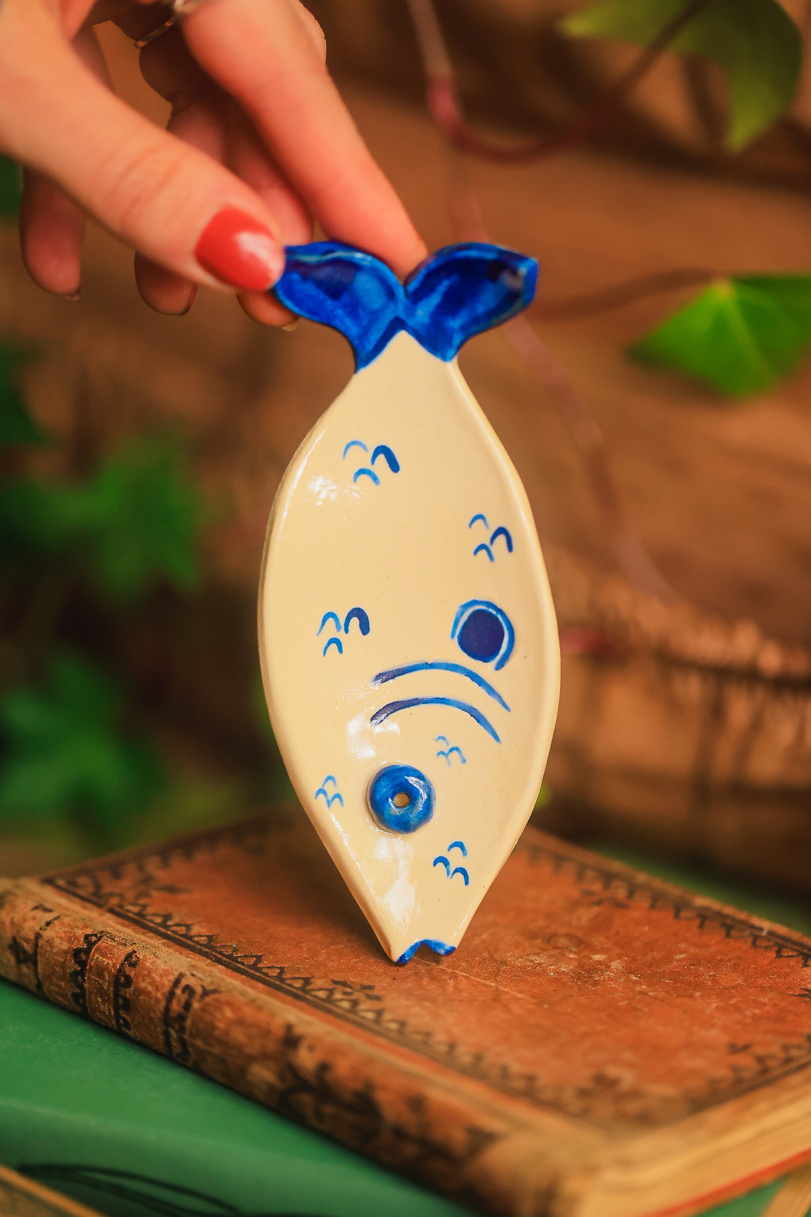 Porcelain Incense Fish Dish in Washed Cobalt