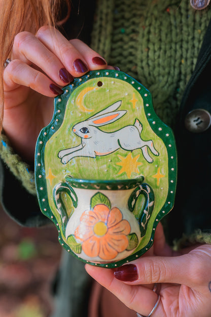 Autumn Meadow Rabbit Wall Pocket in Painted Stoneware