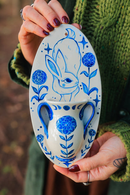 Autumn Rabbit Joy Wall Pocket in Painted Blue-On-White Porcelain