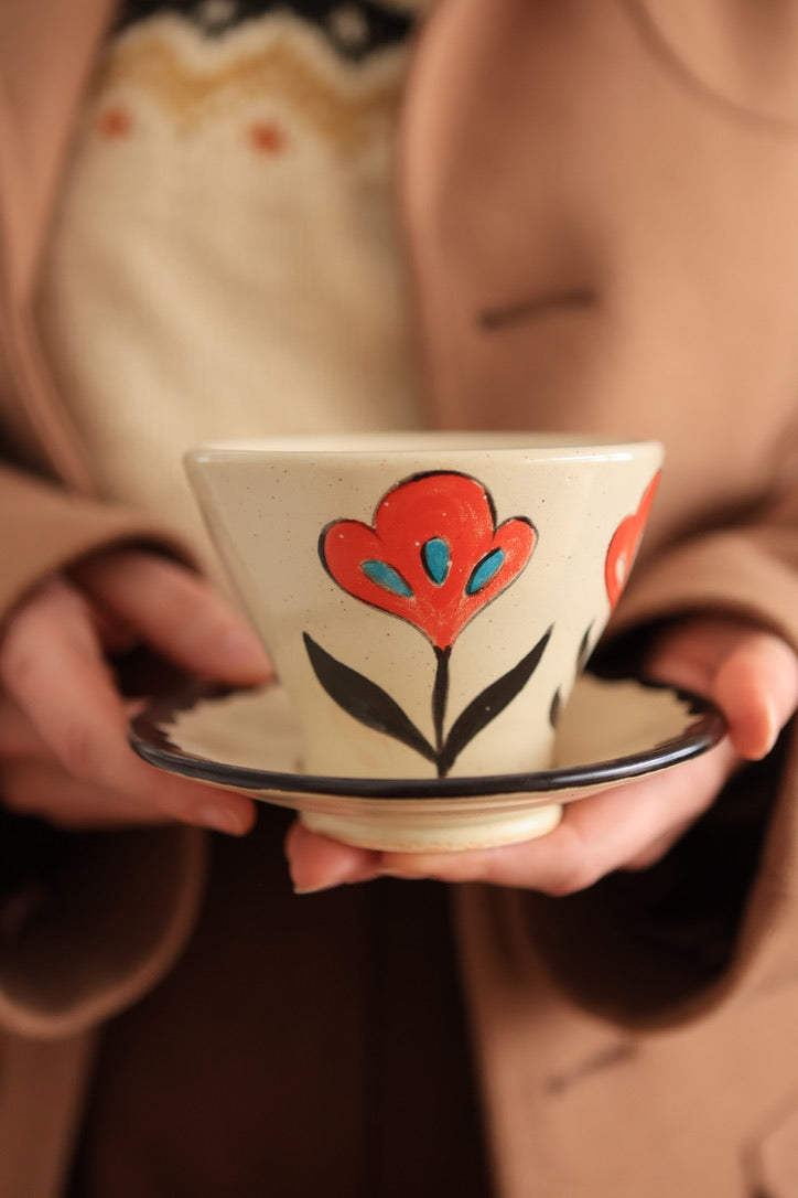 Folkware Orange Meadow Flower Cup and Saucer Set 8 oz