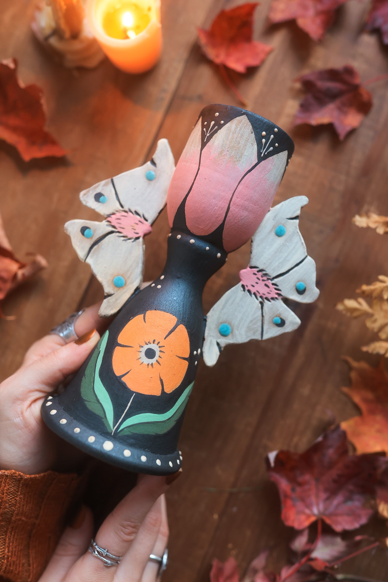 Blushing Forest Moths Candle Holder in Midnight