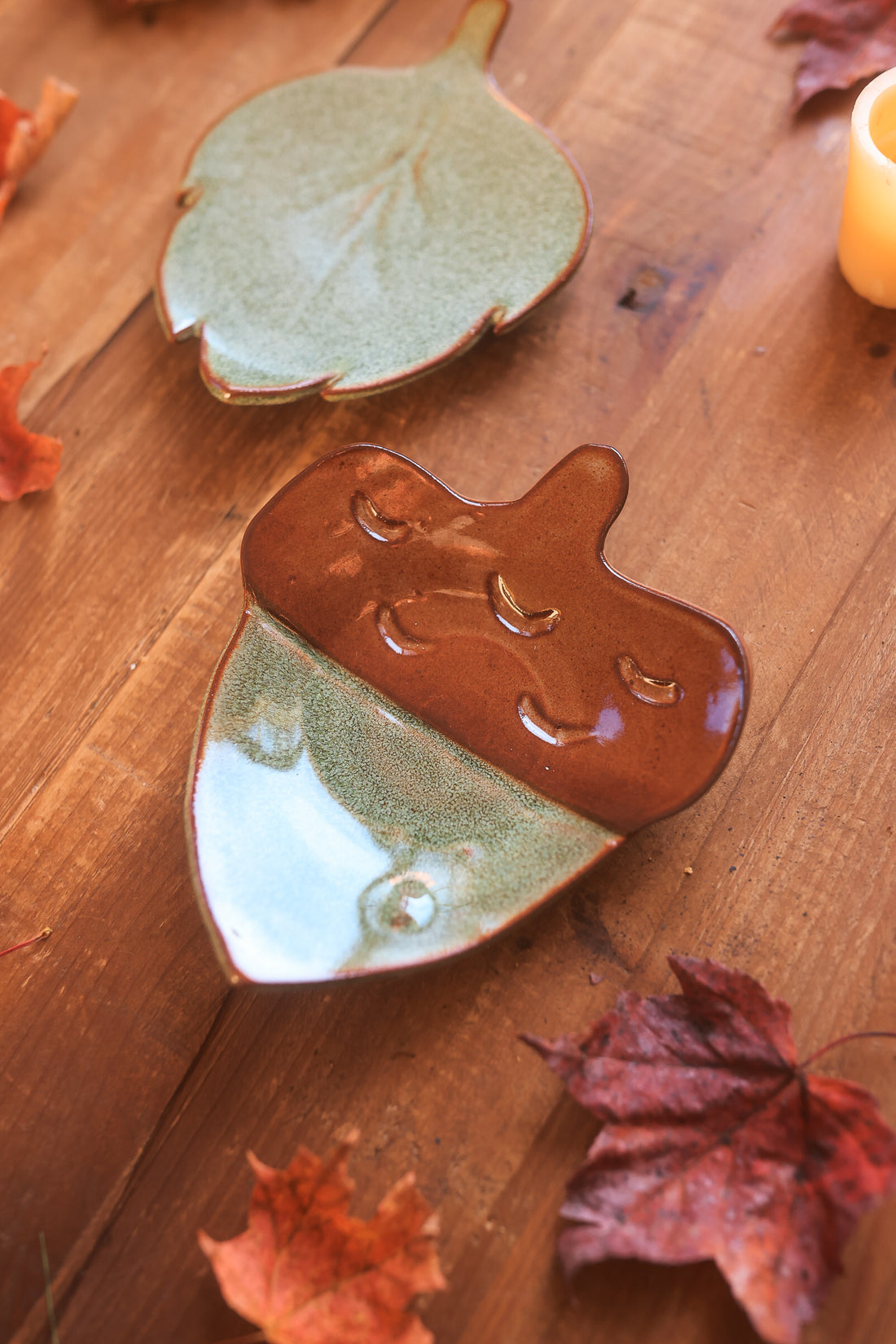 Pair of Autumn Forest Acorn &amp; Leaf Dishes in Red Stoneware