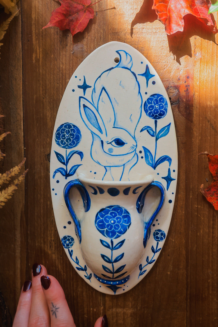 Autumn Rabbit Joy Wall Pocket in Painted Blue-On-White Porcelain