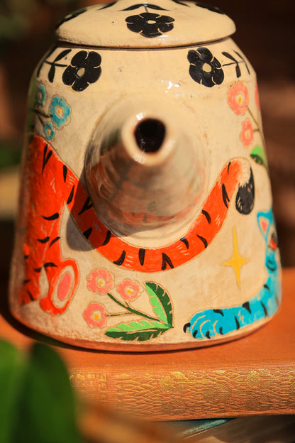 Painted Royal Saffron &amp; Turquoise Tiger Temple Guardians Teapot in Stoneware