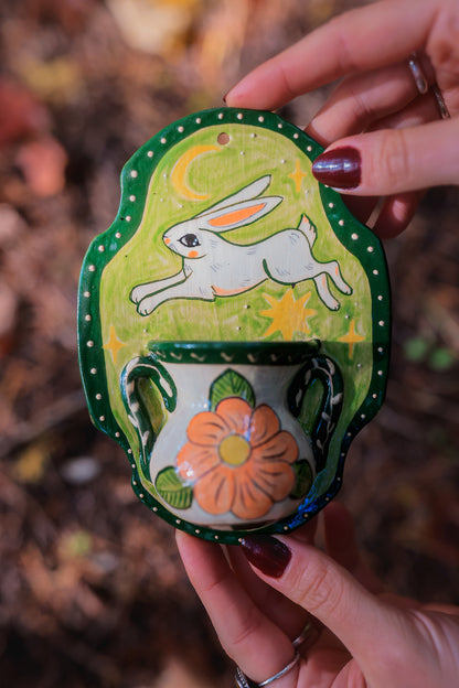 Autumn Meadow Rabbit Wall Pocket in Painted Stoneware