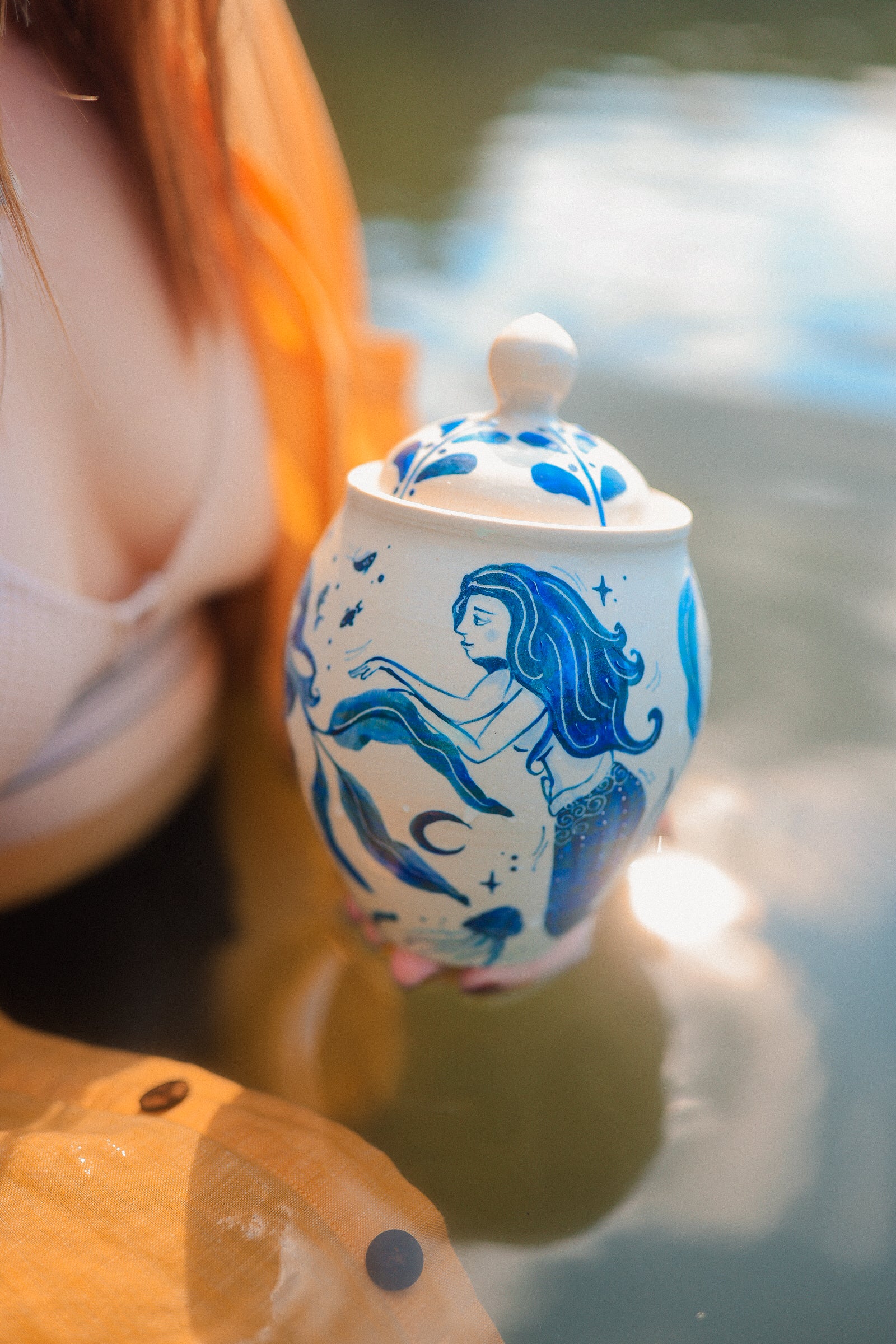 Painted Porcelain Maidens of the Sea Jar in Cobalt Blue