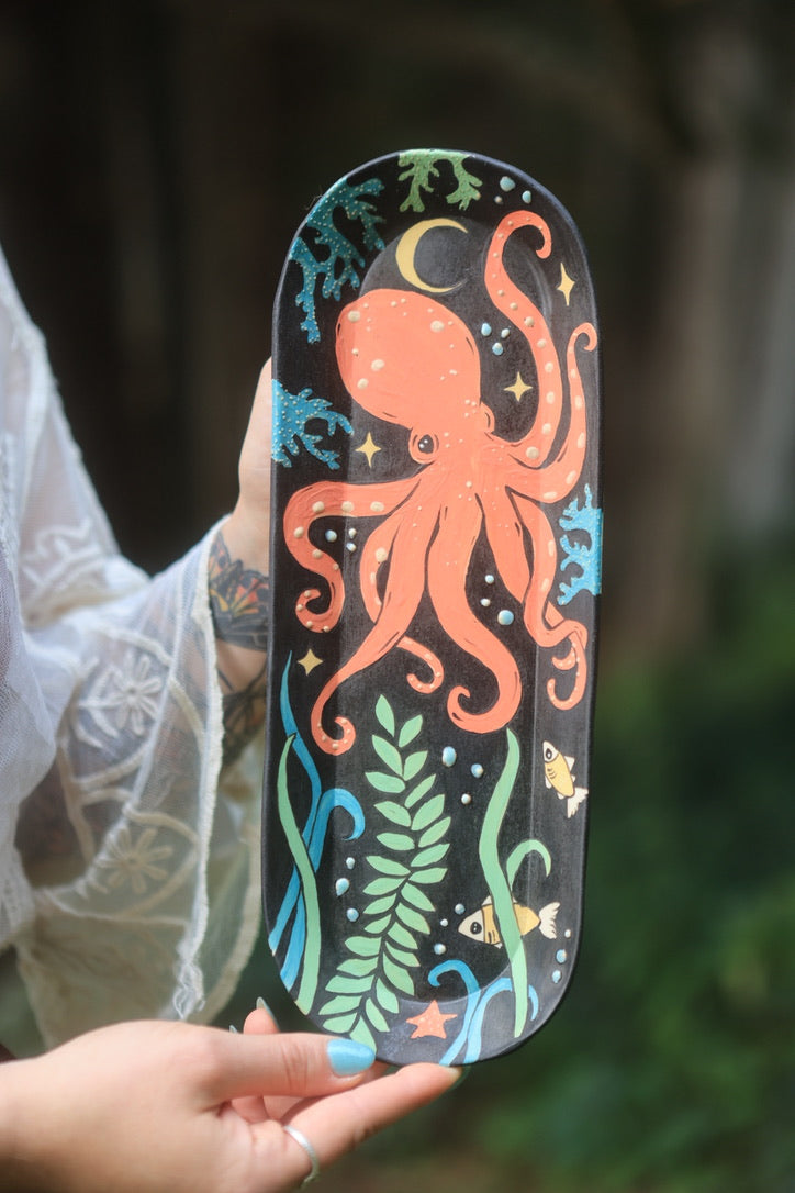 Midnight Coral Sea Octopus Dish in Porcelain