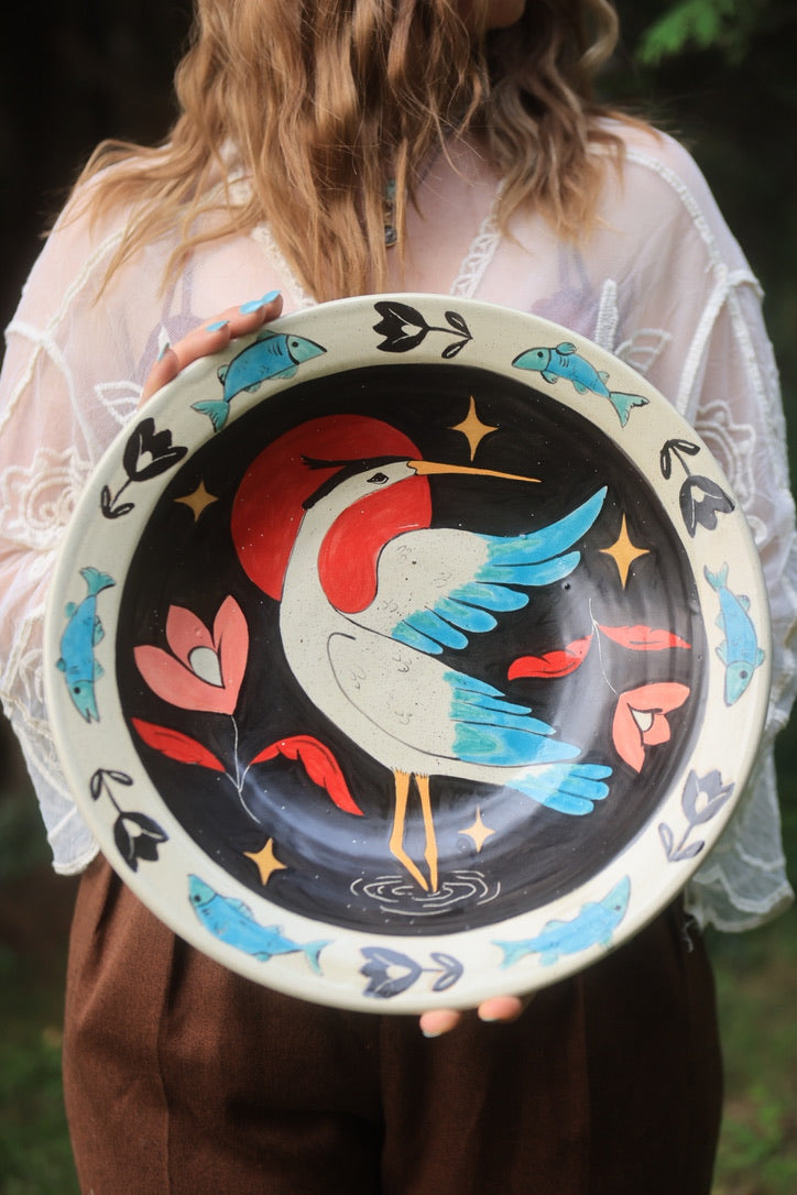Painted Giant Coastal Blue Heron Bowl in Porcelain