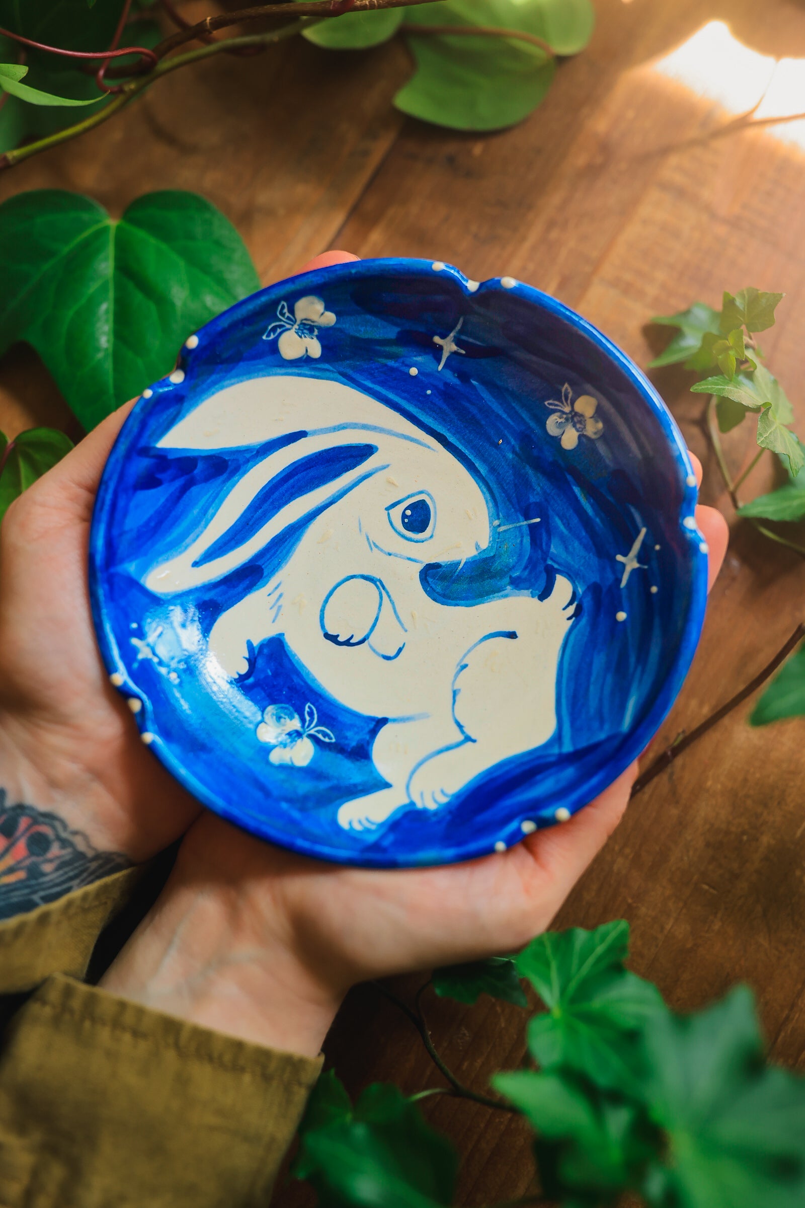 Porcelain Meadow Bunny Dish in Washed Cobalt