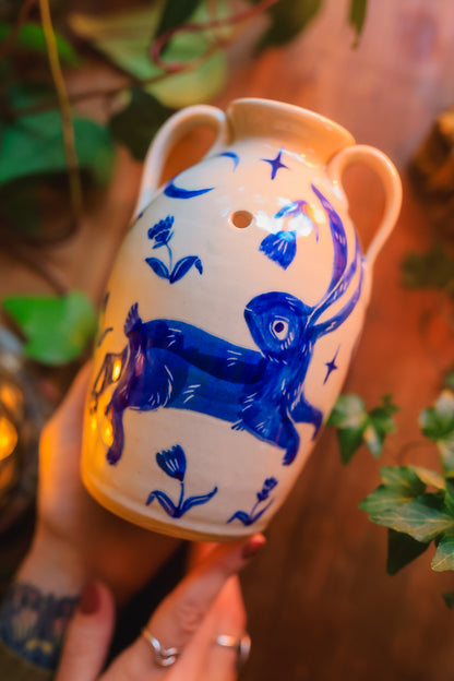 Painted Summer Bunny Candelaria Vase in Washed Cobalt Porcelain