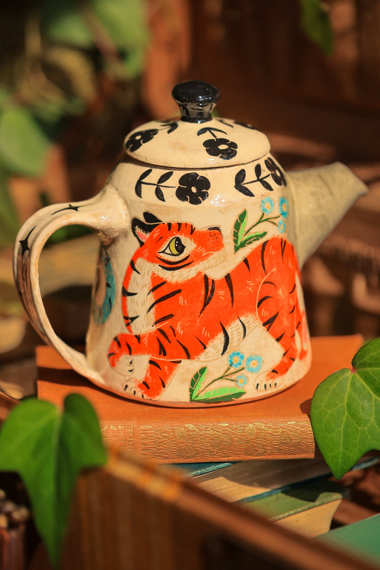 Painted Royal Saffron &amp; Turquoise Tiger Temple Guardians Teapot in Stoneware