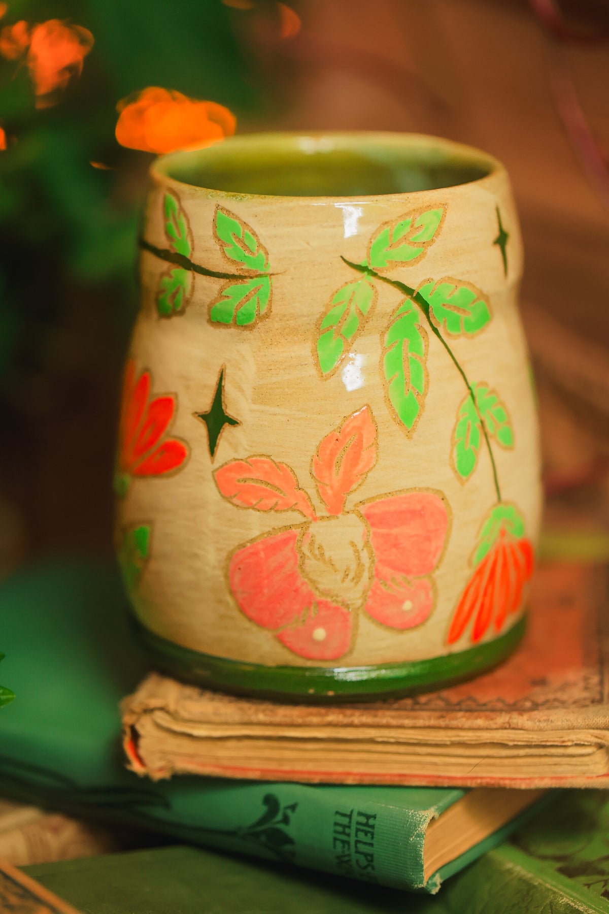 Painted Summer Moths Mug in Washed Coral &amp; Lime 16 oz